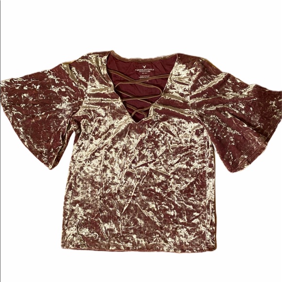 American Eagle Outfitters Tops - AE Gold Crushed Velvet Caged Front Crop T shirt